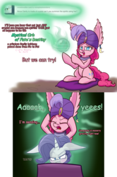 Size: 1280x1929 | Tagged: safe, artist:heir-of-rick, pinkie pie, rarity, crystal pony, golem, pony, miss pie's monsters, g4, angry, clarity, comic, crystal ball, dialogue, fortune teller, rarity is not amused, species swap, squishy cheeks, turban