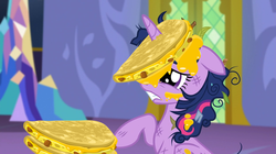 Size: 640x358 | Tagged: safe, edit, edited edit, screencap, twilight sparkle, alicorn, pony, castle sweet castle, g4, party pooped, crossing the memes, female, horn, horn impalement, i'm pancake, inverted mouth, mare, messy mane, quesadilla, solo, they're just so cheesy, twilight sparkle (alicorn)
