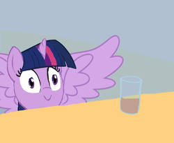 Size: 550x450 | Tagged: safe, twilight sparkle, alicorn, pony, g4, chocolate milk, everything is ruined, exploitable meme, female, glass, mare, meme, milk, pure unfiltered evil, spill, spilled milk, twilight sparkle (alicorn), wings