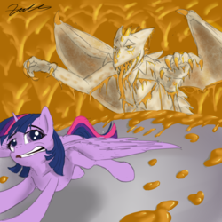 Size: 1280x1280 | Tagged: safe, artist:xanthor, twilight sparkle, alicorn, pony, g4, chase, explicit source, fear the quesadilla, female, flying, funny, gritted teeth, looking back, mare, quesadilla, quesadilla monster, scared, spread wings, they're just so cheesy, twilight sparkle (alicorn)