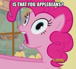 Size: 926x844 | Tagged: safe, edit, edited screencap, screencap, pinkie pie, g4, party pooped, applebeans, dialogue, discovery family logo, female, image macro, meme, solo