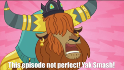 Size: 1920x1080 | Tagged: safe, edit, edited screencap, screencap, prince rutherford, yak, g4, party pooped, caption, crown, ear piercing, earring, hair over eyes, horn, horn ring, image macro, jewelry, meme, piercing, regalia, yak smash