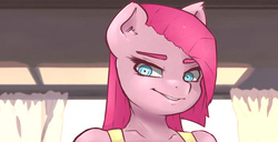 Size: 2872x1470 | Tagged: safe, artist:angelwing314, pinkie pie, earth pony, anthro, g4, female, lip bite, pinkamena diane pie, smiling, solo