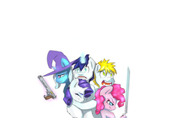 Size: 4267x2894 | Tagged: safe, artist:angelwing314, derpy hooves, pinkie pie, rarity, shining armor, trixie, oc, pegasus, pony, g4, female, gun, hellsing, mare, sword