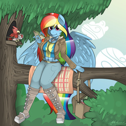 Size: 1500x1500 | Tagged: safe, artist:malamol, rainbow dash, bird, anthro, g4, :t, abs, alternate hairstyle, bag, bomber jacket, boots, breasts, busty rainbow dash, clothes, cloud, cloudy, dog tags, eating, female, food, jacket, long hair, mug, sandwich, sitting, sitting in a tree, sky, solo, spread wings, tree, tree branch