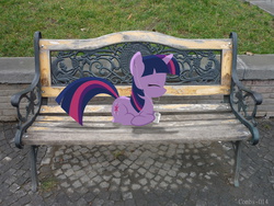 Size: 3264x2448 | Tagged: safe, artist:digitalpheonix, artist:lazypixel, twilight sparkle, g4, bench, earbuds, eyes closed, high res, ipod, irl, photo, ponies in real life, shadow, solo, vector