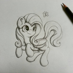 Size: 1024x1024 | Tagged: safe, artist:bugplayer, fluttershy, butterfly, pegasus, pony, g4, female, mare, monochrome, pencil, pencil drawing, smiling, solo, traditional art