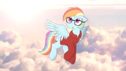 Size: 1920x1080 | Tagged: safe, artist:gergta, artist:mcsadat, color edit, edit, rainbow dash, pegasus, pony, g4, :o, adorkable, button-up shirt, clothes, cloud, cloudy, colored, cute, dork, female, flying, glasses, lens flare, long sleeves, looking up, mare, meganekko, open mouth, rainbow dash always dresses in style, shirt, sky, solo, spread wings, wallpaper, wings