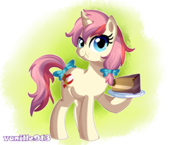 Size: 1280x1054 | Tagged: safe, artist:spookyle, oc, oc only, oc:heart mender, bow, cake, hair bow, solo