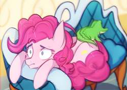 Size: 1280x906 | Tagged: safe, artist:beaty, gummy, pinkie pie, g4, party pooped, crying, frown, prone, scene interpretation, wide eyes