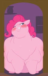 Size: 820x1280 | Tagged: safe, artist:stonershy, pinkie pie, earth pony, pony, g4, bingo wings, blushing, chubby cheeks, doorway, double chin, fanfic art, fat, female, flabby chest, gritted teeth, huge belly, morbidly obese, obese, piggy pie, pudgy pie, solo, story included, stuck, sweat
