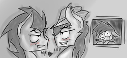 Size: 720x330 | Tagged: safe, artist:radecfrack, braeburn, rainbow dash, soarin', g4, gay, grayscale, heart, male, monochrome, sad, ship:soarburn, shipping, tumblr