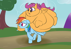 Size: 1095x760 | Tagged: safe, artist:astr0zone, rainbow dash, scootaloo, pegasus, pony, g4, bingo wings, blob, chubby cheeks, double chin, fat, floppy ears, gritted teeth, impossibly large belly, morbidly obese, neck roll, obese, open mouth, open smile, ponies riding ponies, riding, scootalard, scootaloo riding rainbow dash, smiling, teeth