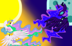 Size: 2700x1750 | Tagged: safe, artist:lovehtf421, princess celestia, princess luna, g4, eyes closed, moon, spread wings, sun