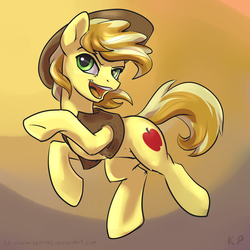 Size: 1500x1500 | Tagged: safe, artist:kp-shadowsquirrel, braeburn, earth pony, pony, g4, abstract background, male, open mouth, raised hoof, solo, stallion, underhoof
