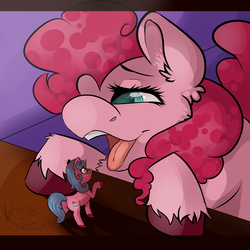 Size: 2500x2500 | Tagged: safe, artist:chitsu, pinkie pie, oc, oc:optica, earth pony, pony, unicorn, g4, butt, female, fetish, high res, imminent vore, macro, mare, micro, open mouth, plot, tongue out