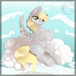 Size: 2500x2500 | Tagged: safe, artist:chitsu, derpy hooves, pegasus, pony, g4, belly button, cloud, cloudy, cute, female, high res, mare, solo, tongue out, wink