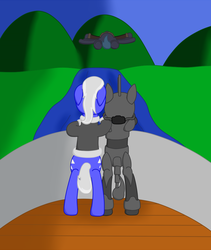 Size: 780x926 | Tagged: safe, artist:minty candy, oc, oc only, oc:crash dive, oc:night strike, oc:static charge, earth pony, pegasus, pony, fallout equestria, fallout equestria: empty quiver, armor, boat, clothes, enclave, enclave armor, flying, grand pegasus enclave, hill, jacket, outdoors, power armor, rear view, river, story