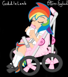 Size: 610x686 | Tagged: safe, artist:cuddlelamb, artist:oliver-england, rainbow dash, human, g4, abdl, baby bottle, diaper, female, humanized, non-baby in diaper, solo, story included, stroller