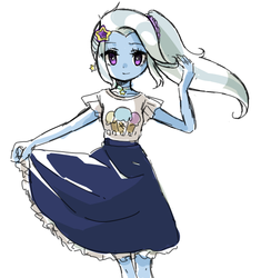 Size: 535x569 | Tagged: safe, artist:weiliy, trixie, equestria girls, g4, alternate hairstyle, clothes, dress, dress lift, dress pull, female, looking at you, ponytail, smiling, solo
