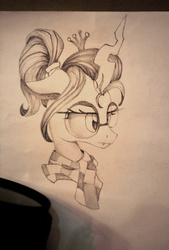 Size: 2000x2965 | Tagged: dead source, safe, artist:opticspectrum, queen chrysalis, changeling, changeling queen, g4, clothes, female, glasses, grayscale, high res, monochrome, ponytail, portrait, scarf, solo, traditional art