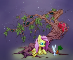 Size: 1001x814 | Tagged: safe, artist:acacia-and-lilac, angel bunny, fluttershy, g4, carrot, eyes, heart, tree