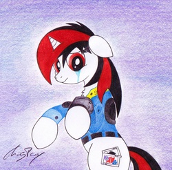 Size: 1024x1007 | Tagged: safe, artist:thechrispony, oc, oc only, oc:blackjack, pony, fallout equestria, fallout equestria: project horizons, bipedal, crying, sad, traditional art