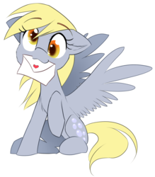 Size: 1580x1800 | Tagged: safe, artist:meotashie, derpy hooves, pegasus, pony, chest fluff, cute, derpabetes, female, letter, mare, mouth hold, raised hoof, simple background, sitting, solo, spread wings, transparent background