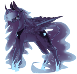 Size: 1024x985 | Tagged: safe, artist:marshmellowcannibal, princess luna, g4, curved horn, female, horn, simple background, solo, spread wings, transparent background