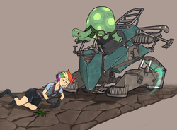 Size: 1280x942 | Tagged: safe, edit, rainbow dash, tank, human, g4, hoverbike, hovercraft, humanized, role reversal