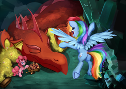 Size: 1422x1000 | Tagged: safe, artist:scootiebloom, basil, pinkie pie, rainbow dash, dragon, earth pony, pegasus, pony, g4, butt, dragon hoard, dragonsneeze, female, hoard, incoming prank, male, mare, plot, prank, sleeping, spread wings, this will end in fire, this will end in incineration, this will end in tears and/or death, too dumb to live, treasure, underhoof