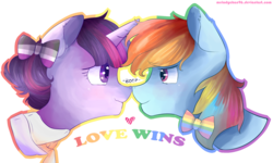 Size: 2455x1474 | Tagged: safe, artist:bukaa-a, rainbow dash, twilight sparkle, g4, alternate hairstyle, asexual, asexual pride flag, boop, female, gay marriage, gay pride, gay pride flag, lesbian, lovewins, marriage equality, obergefell v. hodges, pride, ship:twidash, shipping