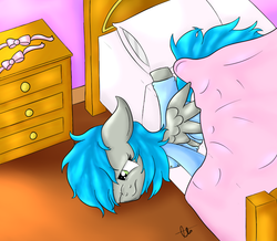 Size: 1055x919 | Tagged: safe, artist:laptopbrony, oc, oc only, oc:darcy sinclair, bed, bed mane, bedroom, belly button, bow, clothes, cute, faceplant, pajamas