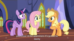 Size: 1277x712 | Tagged: safe, screencap, applejack, fluttershy, twilight sparkle, alicorn, pony, g4, party pooped, female, mare, meme, twilight sparkle (alicorn), youtube caption