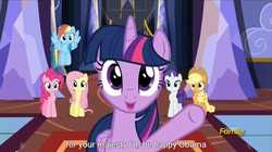 Size: 1277x713 | Tagged: safe, screencap, applejack, fluttershy, pinkie pie, rainbow dash, rarity, twilight sparkle, alicorn, pony, g4, party pooped, female, mane six, meme, twilight sparkle (alicorn), youtube caption