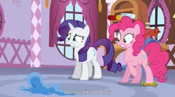 Size: 1277x712 | Tagged: safe, screencap, pinkie pie, rarity, g4, party pooped, discovery family logo, meme, youtube caption