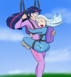 Size: 777x843 | Tagged: safe, artist:eve-ashgrove, trixie, twilight sparkle, human, g4, air ponyville, carrying, clothes, colored, crying, goggles, humanized, jumpsuit, parachute, scared, sketch, skydiving