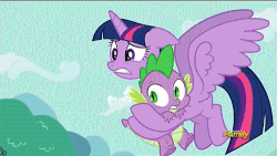 Size: 500x281 | Tagged: safe, edit, edited screencap, screencap, spike, twilight sparkle, alicorn, pony, g4, party pooped, animated, female, floppy ears, flying, gritted teeth, mare, reversed, spikeabuse, spread wings, throwing, twilight sparkle (alicorn), wide eyes, wink