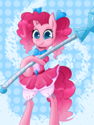 Size: 900x1200 | Tagged: safe, artist:chiweee, pinkie pie, g4, alternate hairstyle, bipedal, blushing, clothes, colored pupils, cute, diapinkes, dress, female, magical girl, pigtails, solo