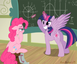 Size: 856x718 | Tagged: safe, artist:brianblackberry, pinkie pie, twilight sparkle, alicorn, earth pony, pony, tau, g4, bored, butt, chalkboard, dock, duo, fancy mathematics, female, floppy ears, frown, grin, lidded eyes, magic, mare, math, math joke, nerd, nerd pony, pi, pinkie pi, pinkie pie is not amused, plot, pointing, princess taulight, sitting, smiling, spread wings, squee, tau day, taulight sparkle, telekinesis, trigonometry, twilight sparkle (alicorn), unit circle, varying degrees of amusement, wings