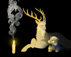 Size: 3050x2460 | Tagged: safe, artist:westphalianartist, star swirl the bearded, oc, deer, elk, pony, siren, unicorn, g4, apprentice, black background, candle, colt, headcanon, high res, simple background, smoke, stag, younger