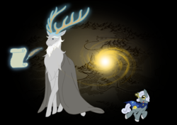 Size: 3485x2460 | Tagged: safe, artist:westphalianartist, star swirl the bearded, oc, deer, elk, pony, unicorn, g4, apprentice, colt, deer magic, glowing antlers, headcanon, high res, levitation, magic, magic aura, map, quill, scroll, stag, younger