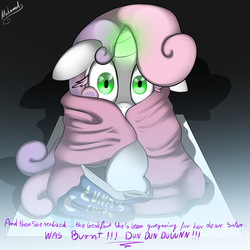 Size: 1500x1500 | Tagged: safe, artist:malamol, sweetie belle, pony, unicorn, g4, blanket, chips, female, food, potato chips, scared, scary story, solo