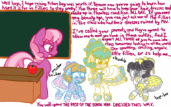 Size: 1280x800 | Tagged: safe, artist:familywing, cheerilee, rumble, snails, snips, earth pony, pegasus, pony, unicorn, g4, alternate hairstyle, blushing, bow, clothes, crossdressing, crying, curly hair, dress, embarrassed, eyelashes, floppy ears, forced feminization, frilly dress, frown, garter belt, garters, hair bow, headband, humiliation, lace, lipstick, makeup, mary janes, open mouth, petticoat, public humiliation, punishment, raised hoof, shoes, sissy, sissyfication, teary eyes, unamused, wide eyes