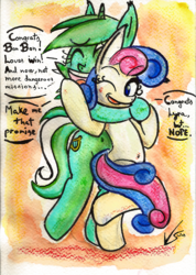 Size: 700x985 | Tagged: safe, artist:lima-hibiki, bon bon, lyra heartstrings, sweetie drops, pony, unicorn, g4, belly button, bipedal, female, ink, lesbian, obergefell v. hodges, ship:lyrabon, shipping, traditional art, watercolor painting
