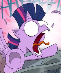 Size: 566x670 | Tagged: safe, artist:doublewbrothers, edit, twilight sparkle, alicorn, pony, g4, awakening, cropped, derp, feather, female, mare, nightmare, open mouth, reaction image, screaming, solo, spread wings, tongue out, twilight sparkle (alicorn), underhoof, wide eyes