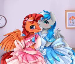Size: 3442x2950 | Tagged: safe, artist:pridark, oc, oc only, oc:captain sunride, oc:cloud zapper, blushing, bow, clothes, crossdressing, dress, feminine stallion, gay, high res, looking at you, male, ribbon, shoes, stockings, trap