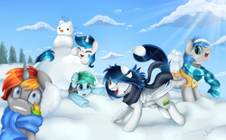 Size: 2819x1747 | Tagged: safe, artist:pridark, oc, oc only, oc:cloud zapper, oc:liz, pegasus, pony, unicorn, adorable distress, clothes, cute, group, headset, multiple characters, outdoors, playing, prehensile tail, scarf, smiling, snow, snow war, snowball, surprised, winter