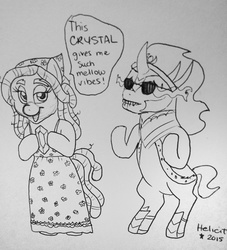 Size: 3120x3430 | Tagged: safe, artist:helicityponi, king sombra, tree hugger, earth pony, unicorn, semi-anthro, g4, crystal, dat ass, female, high res, lip bite, male, meme, monochrome, shipping, straight, sunglasses, traditional art