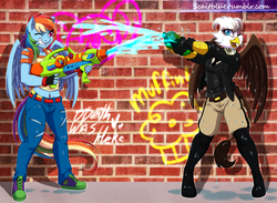 Size: 1280x936 | Tagged: safe, artist:g-blue16, rainbow dash, oc, oc:iris ironhide, griffon, anthro, g4, belly button, belly piercing, bellyring, boots, clothes, gloves, piercing, police officer, wet mane